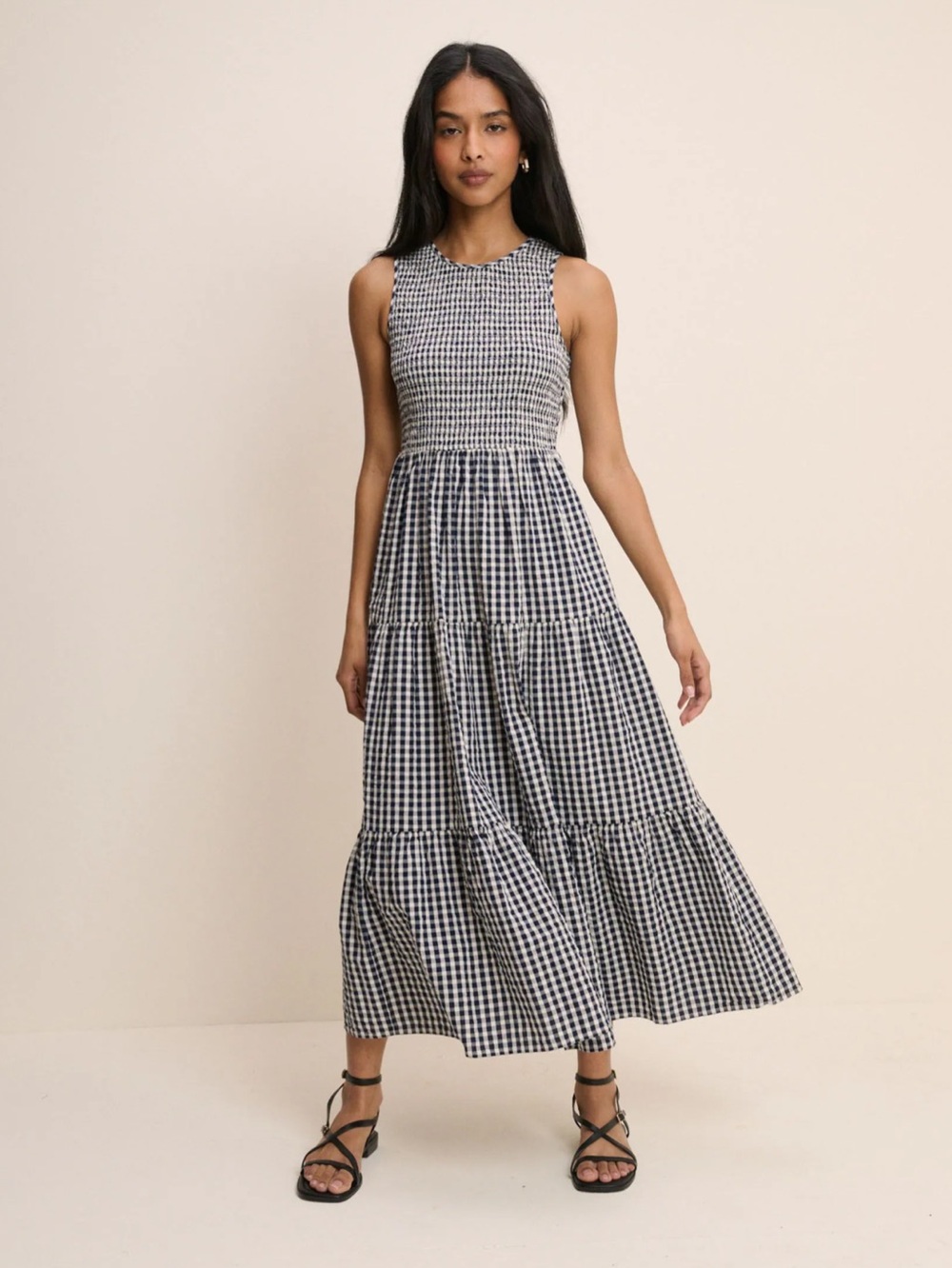 Nobodys Child - Navy Gingham Charlie Sleeveless Tiered Skirt Midaxi Dress